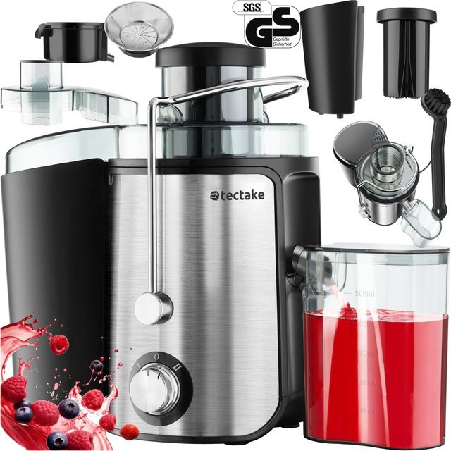 tectake Entsafter mit 600 W Leistung, 500 ml Fassungsvermögen, Zentrifugalsystem, Edelstahlgehäuse, Farbe: Silber, B/T/H: 18 x 26 x 28,5 cm - Bild 1