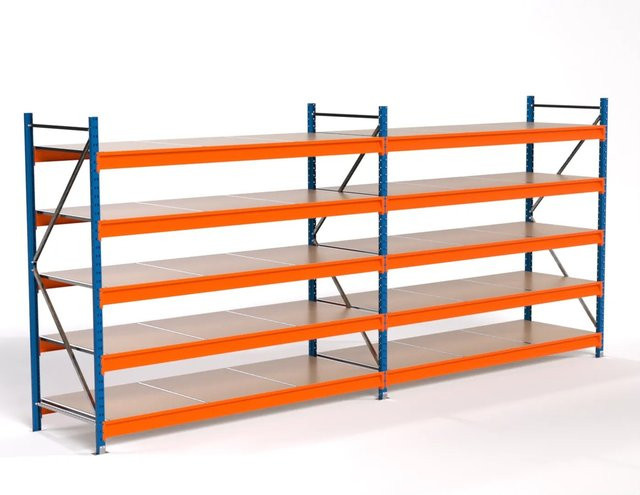 PROREGAL Industrie Weitspannregal MAXIMUS PRO Lagerregal mit 2 Feldern und 5 Spanplatten-Fachböden, Blau/Orange, H: 200 cm, B: 450 cm, T: 80 cm - Bild 1