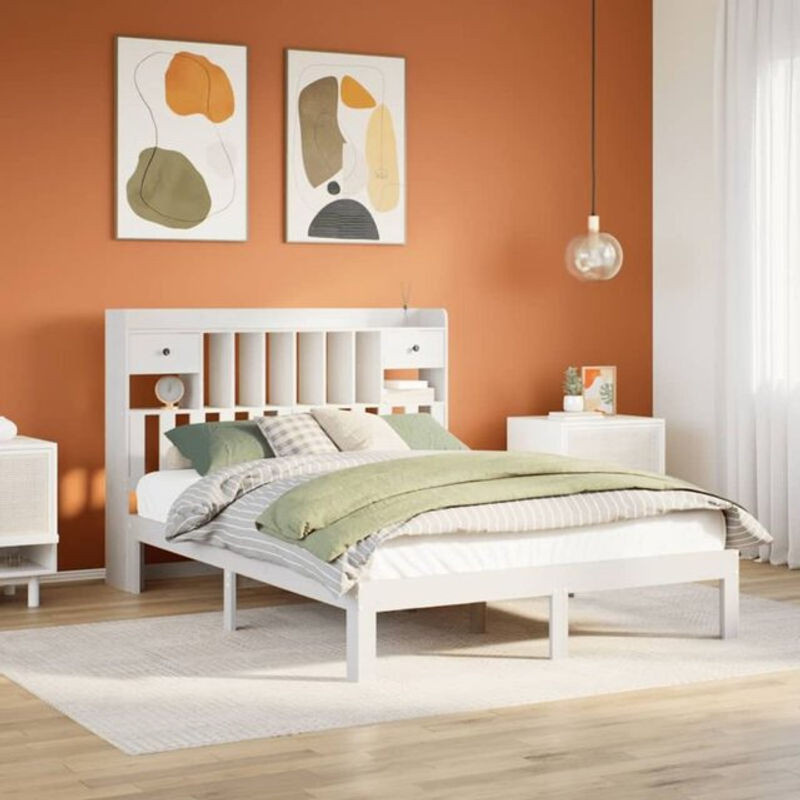 Massivholzbett Vidaxl aus Kiefer mit Regal in Weiß, Landhaus und Skandinavisch Stil, B/T/H: 135 x 190 x 110 cm - Bild 1