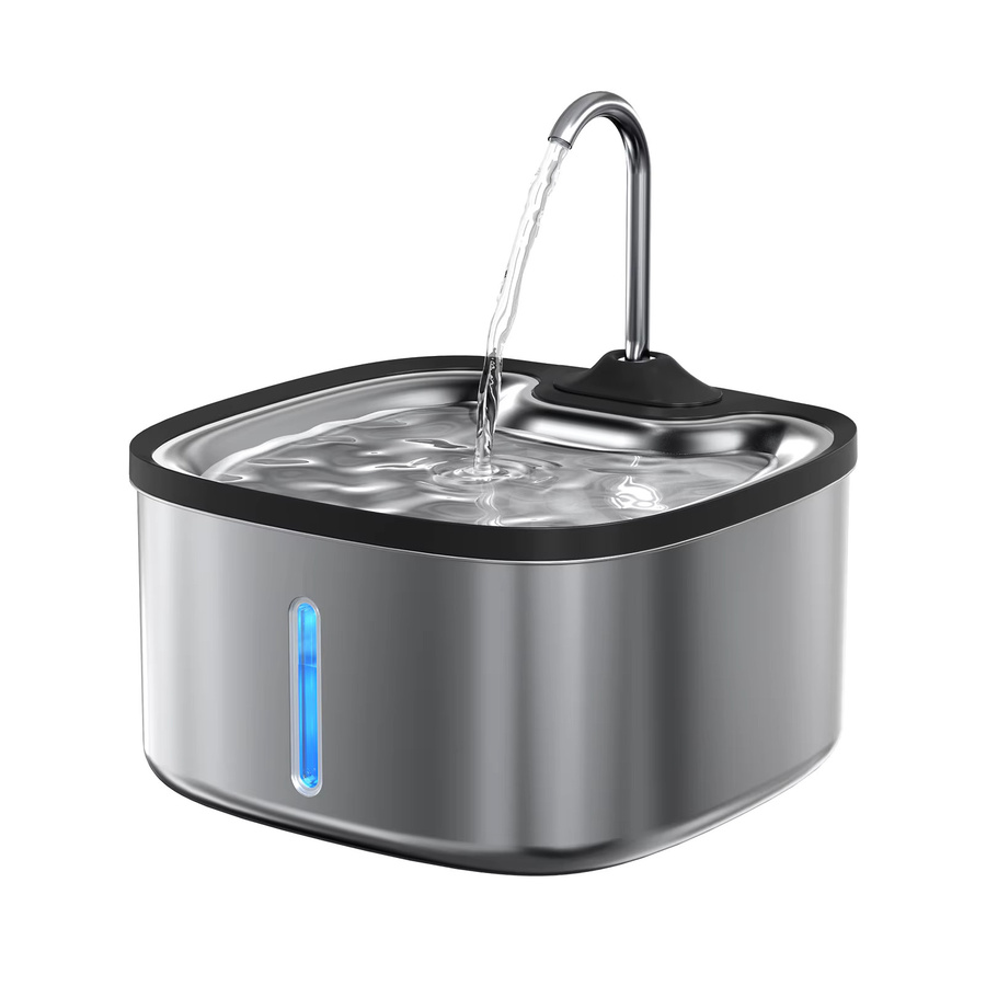 LABEKA Katzen-Trinkbrunnen im Wasserhahn-Design aus Edelstahl in Silber, 3,5 l Haustier-Trinkspender mit sichtbarem Wasserstand, geräuschloser Pumpe und LED-Beleuchtung - Bild 4