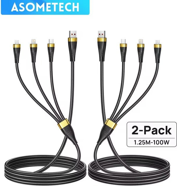 2er-Set ASOMETECH 3-in-1 USB Schnellladekabel mit 100 W und 6A für Typ C und Micro USB in Schwarz - Bild 1