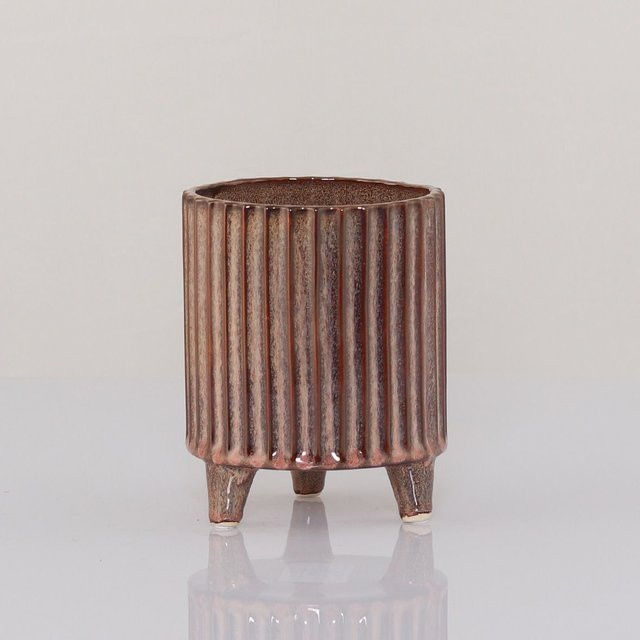 Braune Keramikvase mit Streifenmuster, rund, Höhe: 16,0 cm, Durchmesser: 13,0 cm - Bild 1