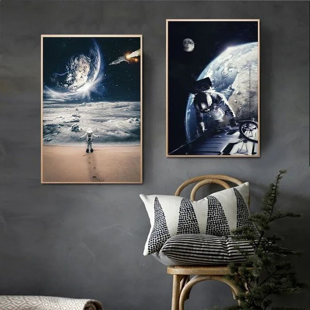 Abstraktes Leinwandposter Potdemiel Astronauten im Weltraum mit Sternen, Mehrfarbig, Rechteckig - Bild 1