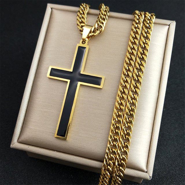 Halskette mit Kreuz Anhänger, Edelstahl, Goldfarben, Unisex - Bild 1