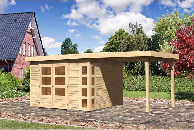 Karibu Holz-Gartenhaus Sölve Natur mit Flachdach und überdachter Außenfläche, Farbe: Braun, B/T/H: 298 x 302 x 216 cm - Bild 1