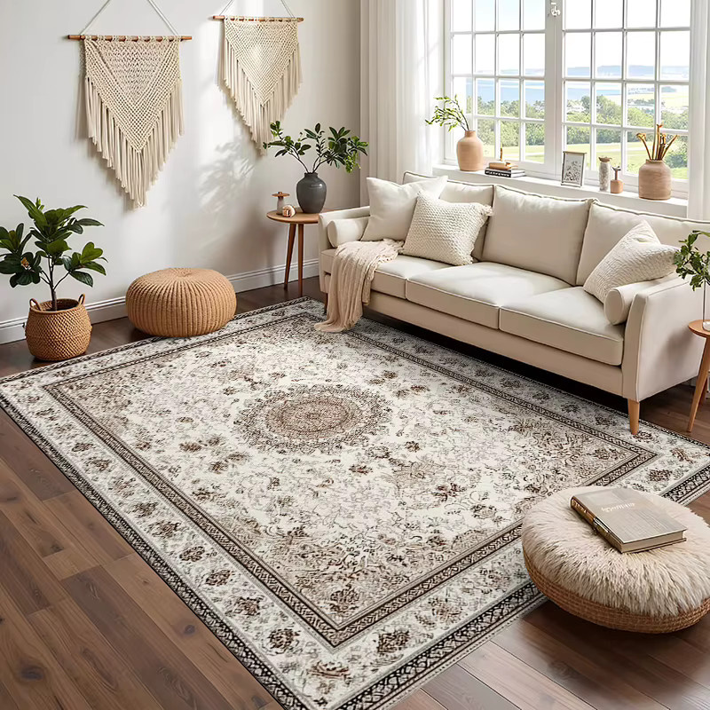 RAKKS Boho Teppich mit Blumenmuster in Beige und Braun, rutschfest und pflegeleicht - Bild 4
