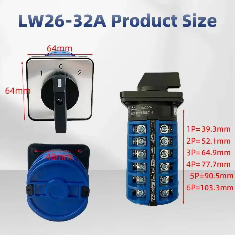 CHYAM LW26-32A Umschaltnocken-Drehschalter mit 1–8 Polen und zwei/drei Positionen, Silberkontakt, Dual Power Control, Silber - Bild 3