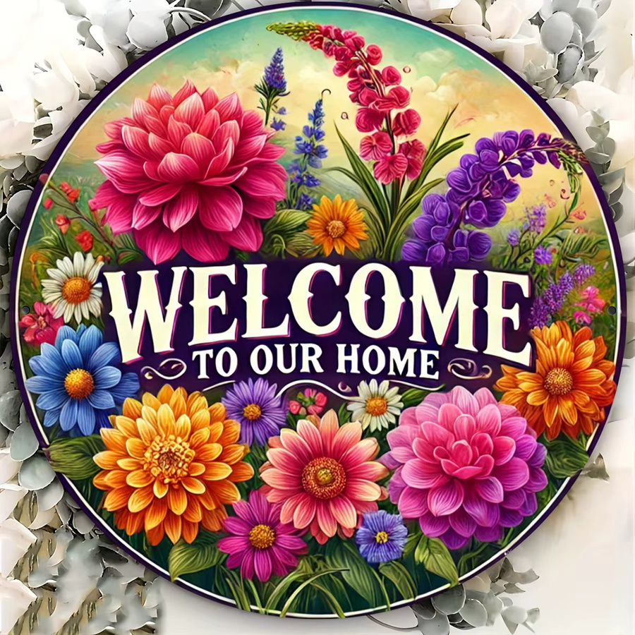 Potdemiel Aluminiumschild Welcome to Our Home mit Frühlingsblumenkranz, Schwarz Multicolor, B/T/H: 19,8 x 19,8 x 0,1 cm - Bild 4