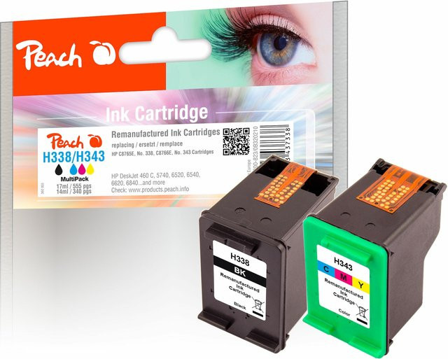 Peach HP 338 Tintenpatronen-Set (Schwarz und Multicolor), wiederaufbereitet, ersetzt HP No. 338, No. 343, C8765E, C8766E für HP DeskJet 460, 460 C, 460 CB - Bild 1