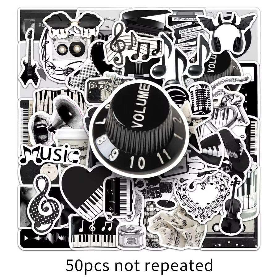 50 Stück wasserfeste Musik-Aufkleber im INS-Stil in Schwarz und Weiß von LanLanStickersWorld Store für Handyhüllen und Tagebücher - Bild 3