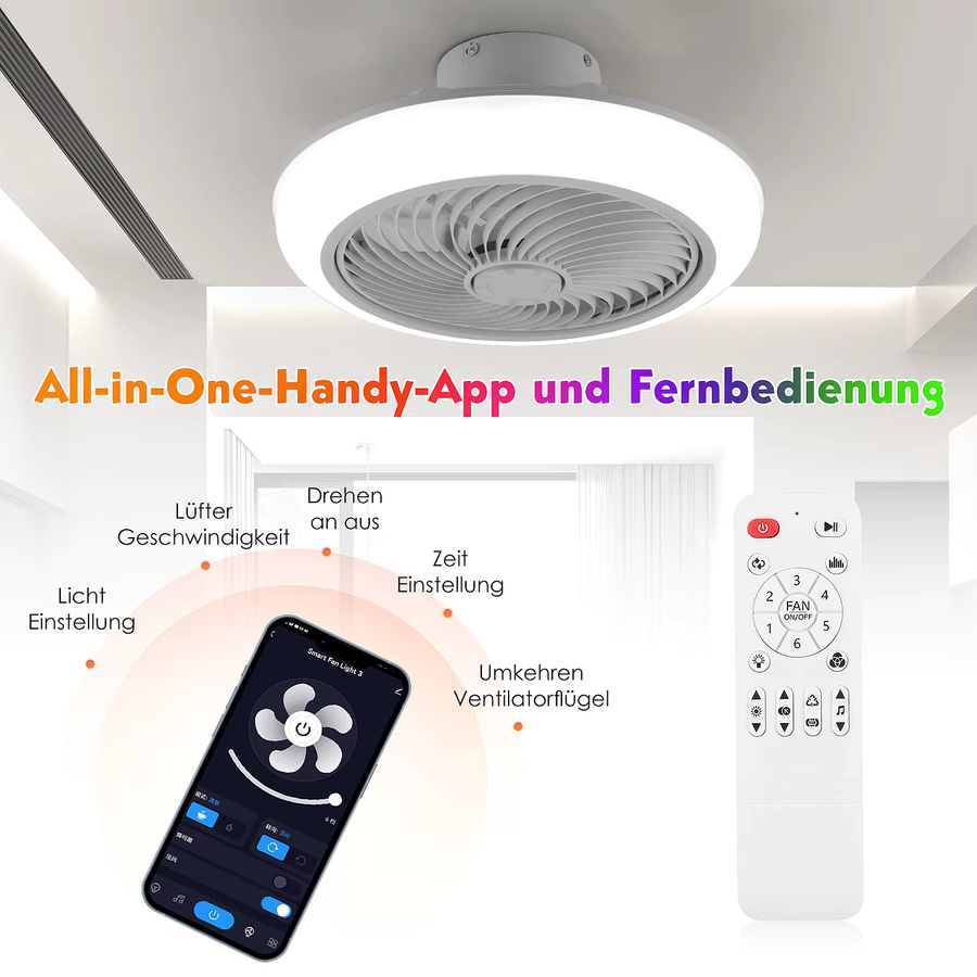 Oyajia Deckenventilator mit Bluetooth Musik, 50W RGB LED Beleuchtung, dimmbar, rund, Weiß - Bild 5