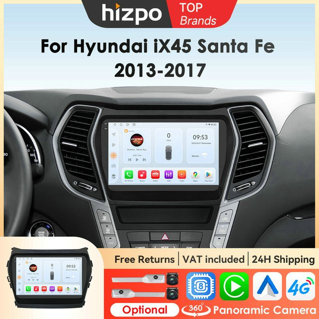 Hizpo Android Auto und Carplay Multimedia Autoradio mit GPS für Hyundai Santa Fe 3 IX45 in Schwarz - Bild 1