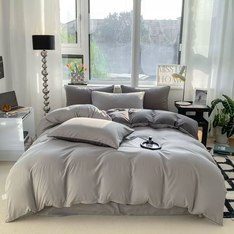 Dreamreal Bettwäsche-Set aus gewaschener Baumwolle, einfarbig grau, bestehend aus Bettbezug und Kissenbezügen, B/T/H: 220 x 240 cm - Bild 2