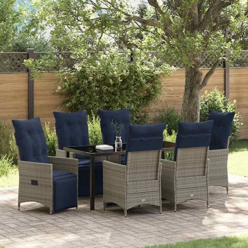 vidaXL Garten Essgruppe aus Poly-Rattan und Metall in Grau mit Glastisch, 7-teiliges Set - Bild 1