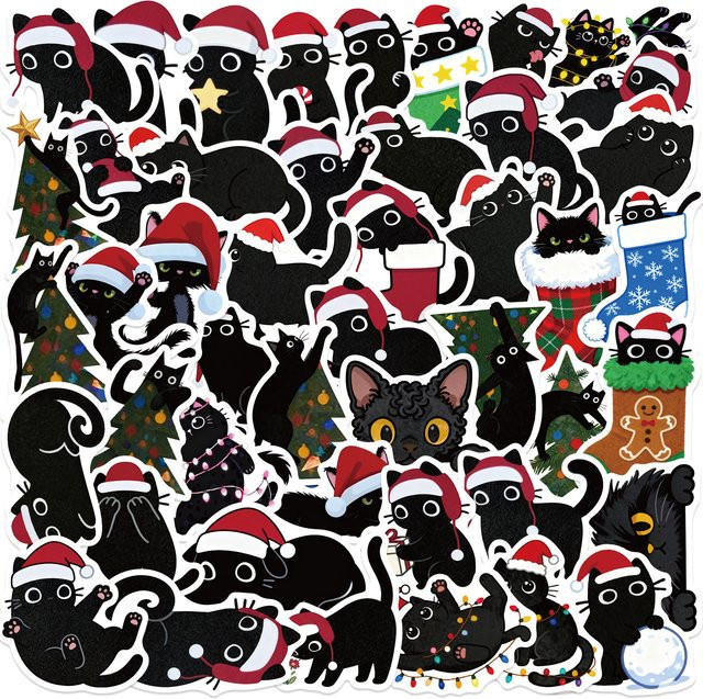 Wasserdichte Cartoon Weihnachten Schwarze Katze Doodle Aufkleber für Notebook, Gepäck und Telefon, 50 oder 100 Stück, Mehrfarbig - Bild 1