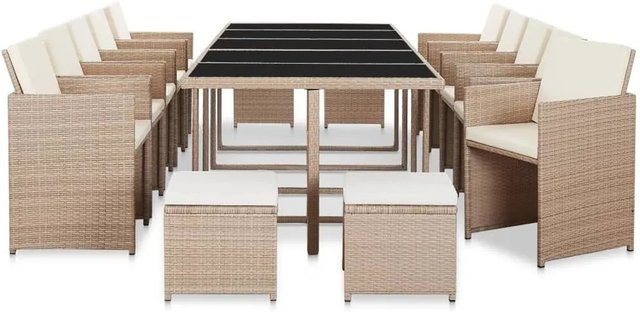 vidaXL 15-teilige Garten-Essgruppe aus Poly-Rattan in Beige und Cremeweiß mit Glasplatte und wetterfesten Auflagen - Bild 1