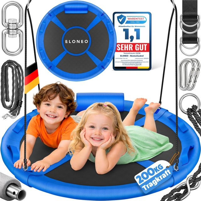ELONEO Nestschaukel für Outdoor und Indoor, blaue Tellerschaukel mit Kissen, Griffen und Zubehör-Set, Durchmesser: 90 cm - Bild 1