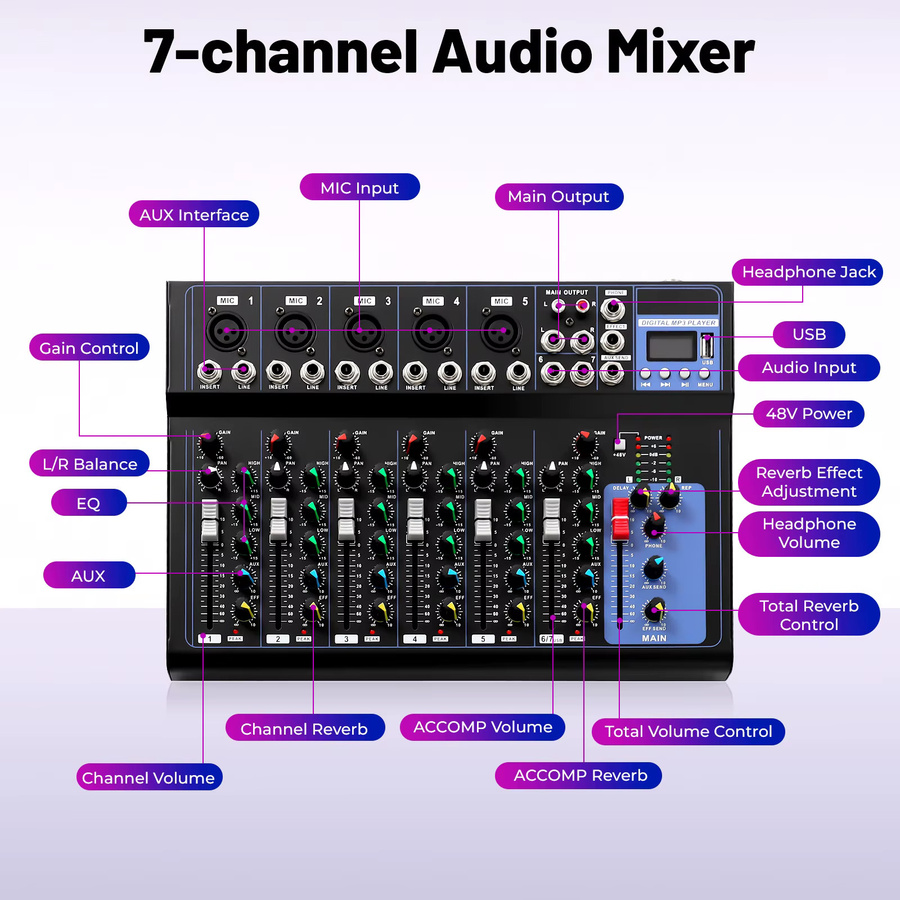 Professioneller 7-Kanal Audio-Mixer in Schwarz für Heim-KTV und Musikaufnahmen - Bild 2