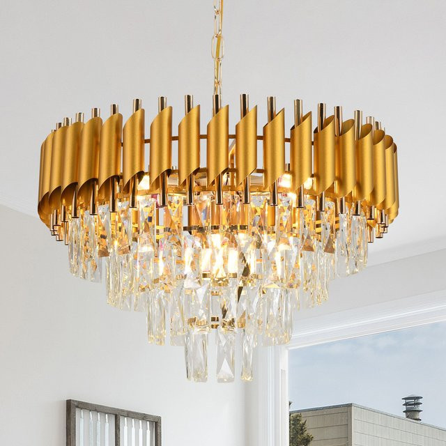 VETRULUS Moderner Kristall-Kronleuchter in Gold/Messing als Decken-Hängelampe für Wohnzimmer und Esszimmer - Bild 1