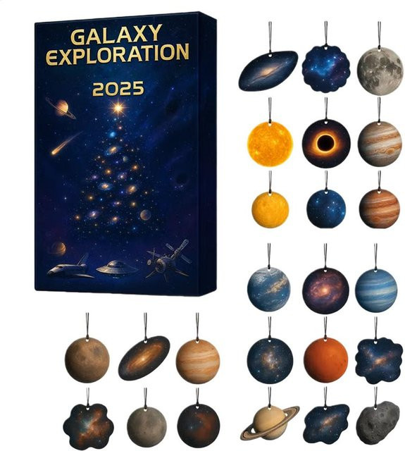 Femme Couture Weltraum Adventskalender 2025 mit 24 Tagen Countdown, Galaxie und Planeten als Weihnachtsbaumschmuck aus Acryl in Schwarz und Multicolour - Bild 1
