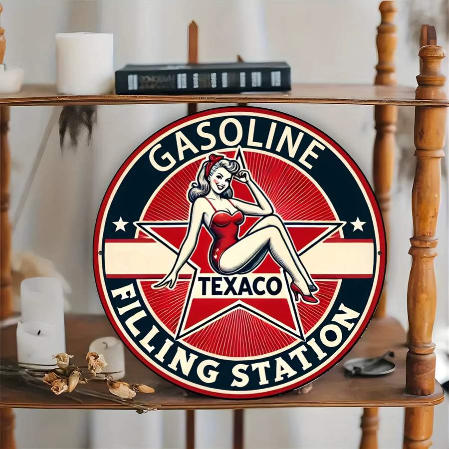 Rundes Aluminiumschild Potdemiel Tankstelle im Vintage-Stil mit Motiv einer lächelnden Dame, Durchmesser: 20 cm, Mehrfarbig - Bild 5
