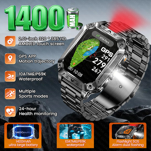GUHUAVMI Smartwatch, Herren, GPS, Bluetooth, Edelstahl, Schwarz, 10 ATM - Bild 1