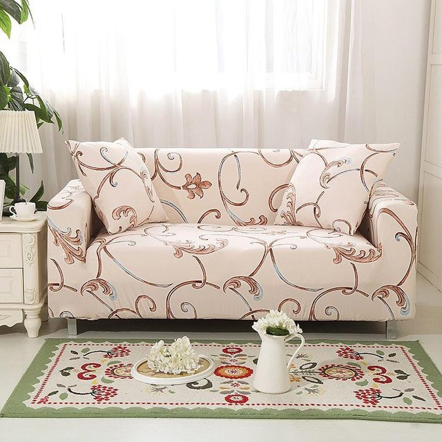 Elastischer All-Inclusive Sofabezug in Beige mit floralem Muster, rutschfeste Sofaabdeckung aus Polyester-Elastan-Stretch, Breite: 235-300 cm - Bild 1