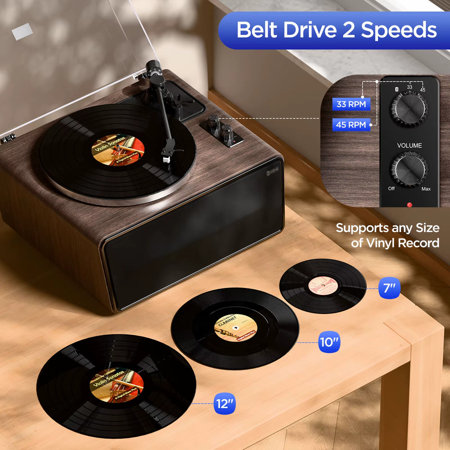 XJ-HOME XJ-H01 All-in-One-Schallplattenspieler mit Bluetooth und HiFi-Stereo-AT-3600L-Stylus in Braun - Bild 5