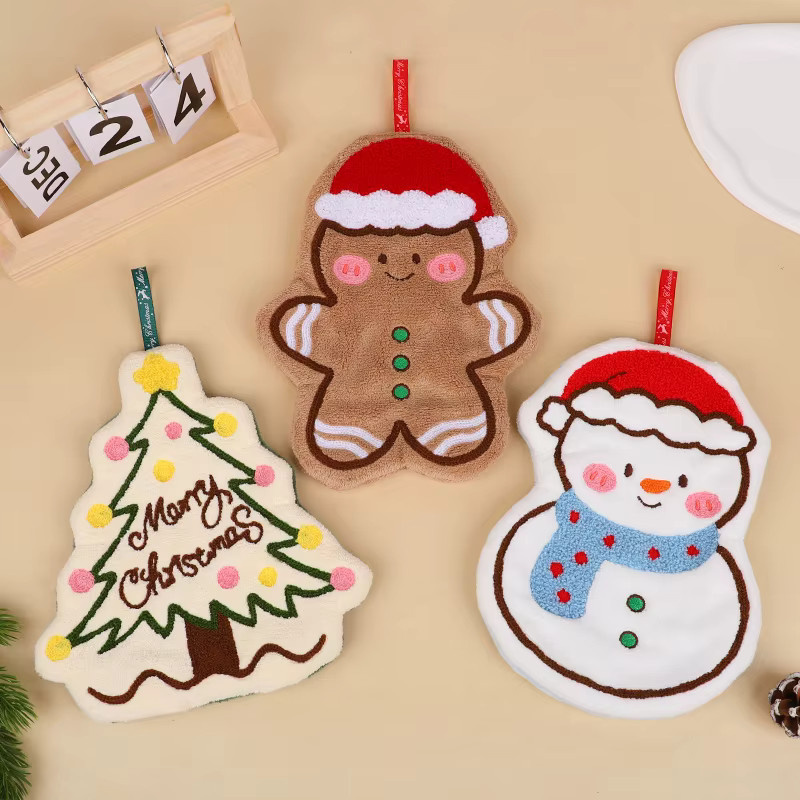 ZQNYCY Weihnachten Fleece Handtuch mit Cartoon Lebkuchenmann und Schneemann in Multicolour für Küche und Badezimmer - Bild 2