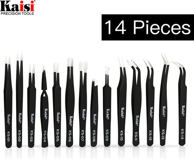 Kaisi 14-teiliges ESD-Pinzetten-Set aus Edelstahl in Schwarz für Elektronik- und Handy-Reparaturen - Bild 1
