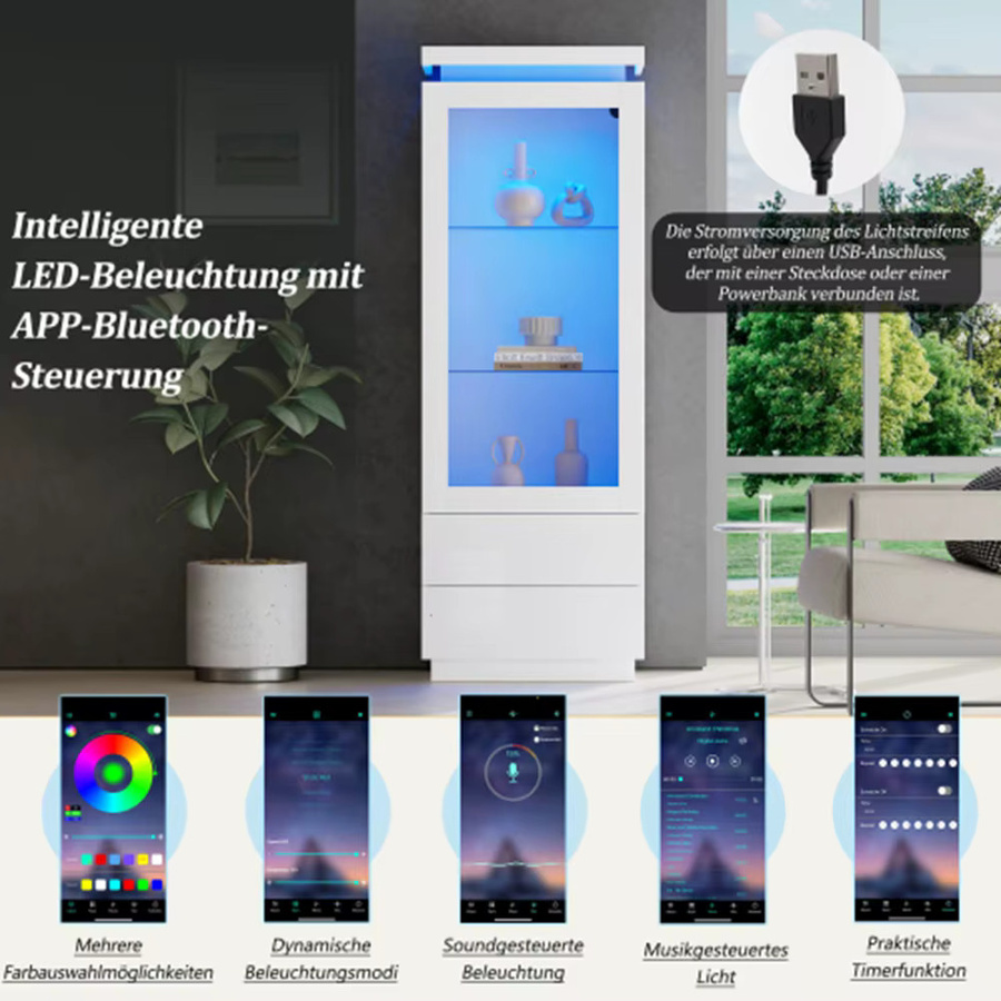 Hochglanz Vitrine Hochschrank mit LED-Beleuchtung und 2 Schubladen in Weiß, B/T/H: 60 x 40 x 171 cm - Bild 3