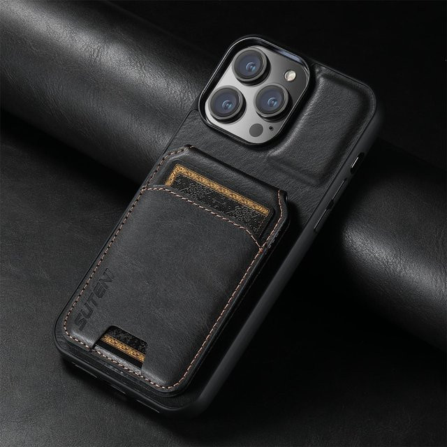 SUTENI Luxus Leder Handyhülle mit Kartenhalter und Ständer für iPhone 16 15 14 13 12 11 Pro Plus Max X Xs XR in Schwarz, Braun oder Blau - Bild 1