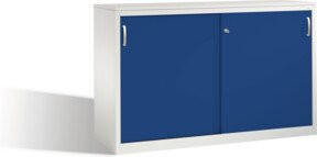 C+P Akten-Sideboard Acurado mit Schiebetüren und Schloss, Front Enzianblau, Korpus Lichtgrau, H: 100 cm, B: 160 cm, T: 50 cm - Bild 1