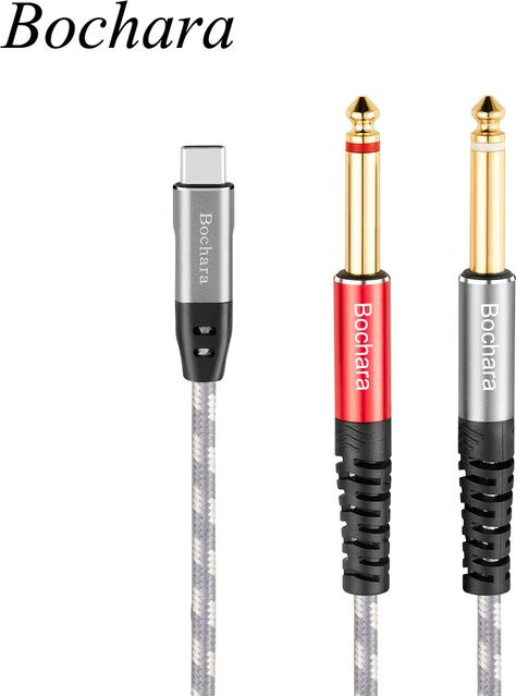 Bochara USB-C auf Dual TS 6,35 mm Klinke Audioausgangskabel mit integriertem DAC-IC-Chipsatz, 24 Bit bei 48 kHz, grau geflochten und abgeschirmt - Bild 1