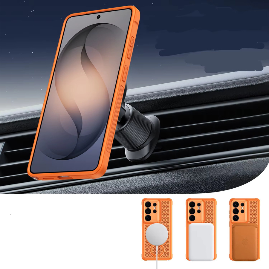 Eurynome Schutzhülle für Samsung Galaxy S26 Ultra und S26 Plus mit 360-Grad-Rotationsring, magnetischer Wärmeableitung und atmungsaktivem Netz in Orange - Bild 4