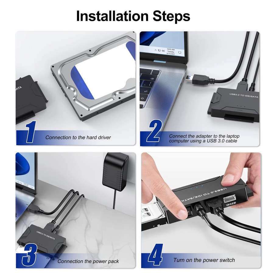 Congdi USB 3.0 IDE SATA Adapter, universelles Festplattenleser-Kit für 2,5 und 3,5 Zoll HDD/SSD, externer Festplattenadapter für PC und Macbook, Farbe: Schwarz - Bild 4