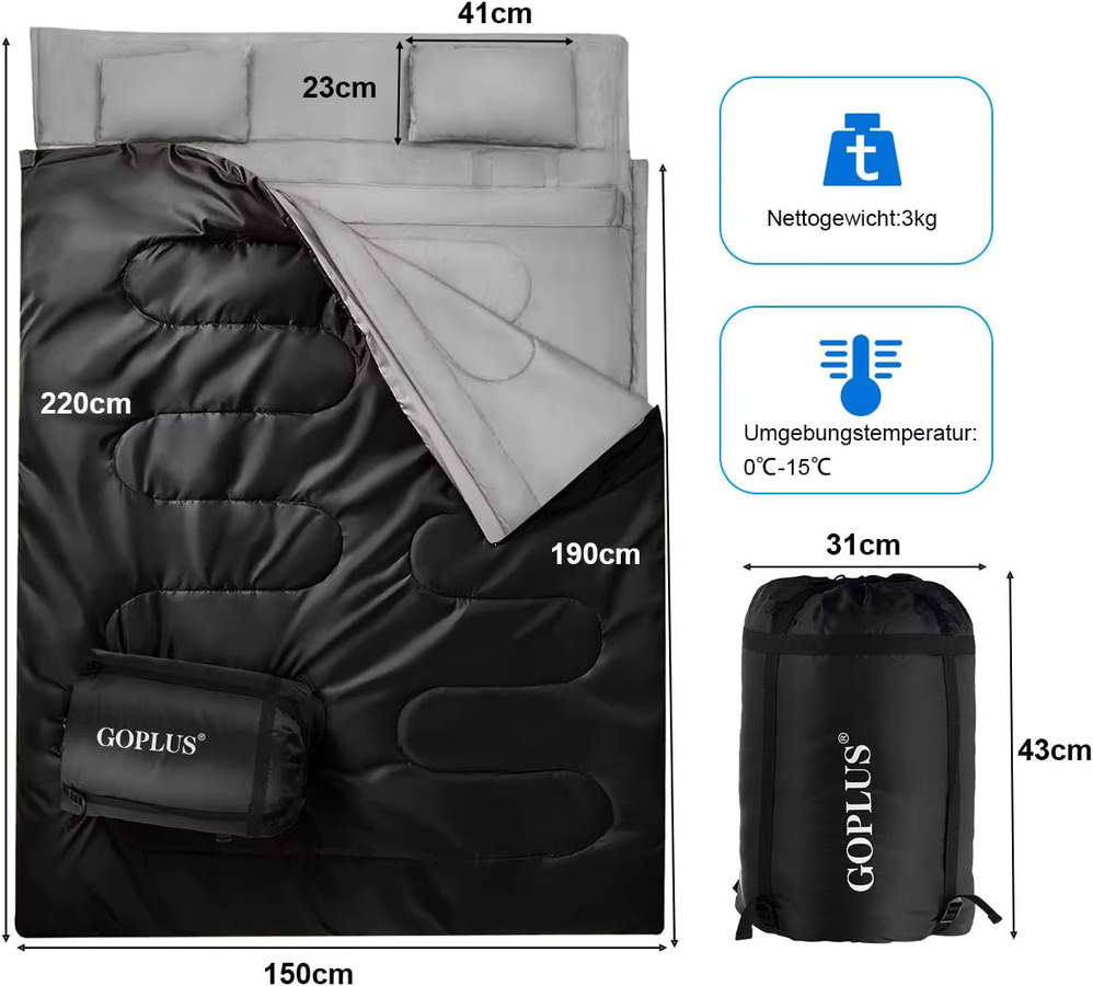 GOFLAME 2 in 1 Doppelschlafsack und Einzelschlafsack XL mit 2 Kissen für Camping und Wandern, B/H: 150 x 220 cm, Blau/Schwarz - Bild 2