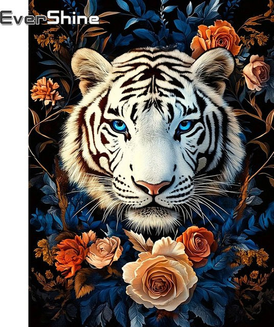 EverShine Diamantstickerei Tiger Bild mit Blumen als Strass Diamant Malerei Mosaik Wanddeko, Mehrfarbig, B/H: 30 x 20 cm - Bild 1