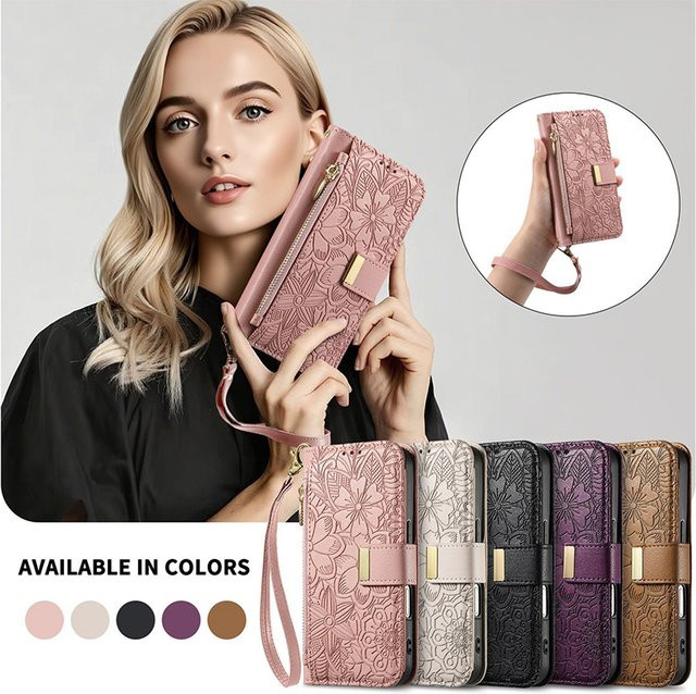 Lederhülle mit Reißverschluss und Umhängetasche als Brieftasche und Kartenhalter für iPhone 12 bis iPhone 17 Pro Max in Pink - Bild 1