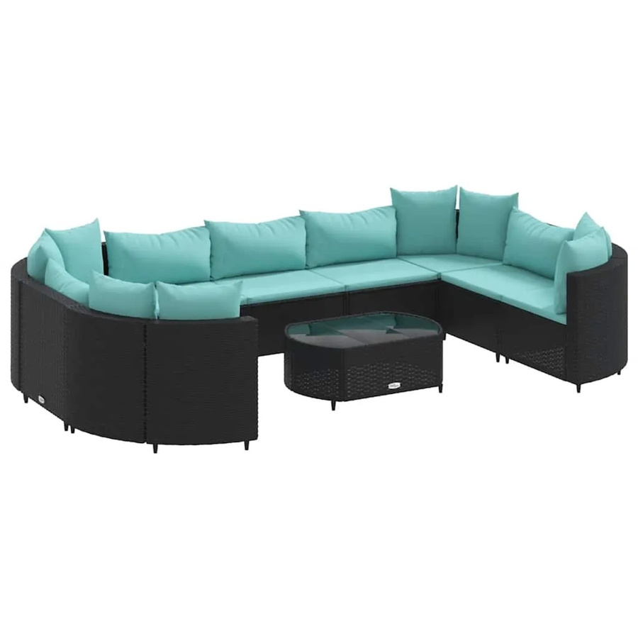 vidaXL 10-tlg. Garten-Sofagarnitur in L-Form mit Kissen und Couchtisch, Schwarz und Blau, Poly-Rattan mit Metallgestell - Bild 2