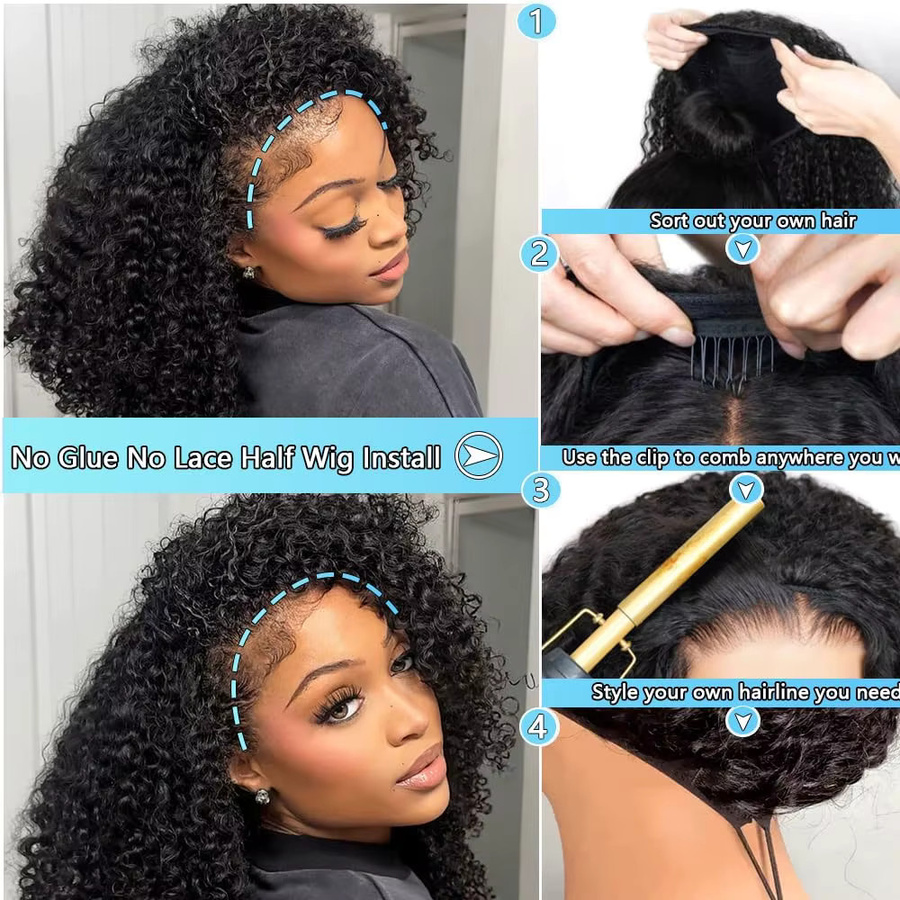 Afro Kinky Curly Half Perücke, Echthaar, Wear & Go, Clip Ins - Bild 3