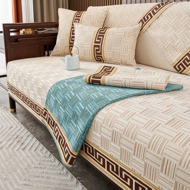 Rutschfestes Sofa-Handtuch im chinesischen Stil mit Gitter-Design, beige, B/T/H: 70 x 70 x 0 cm - Bild 1