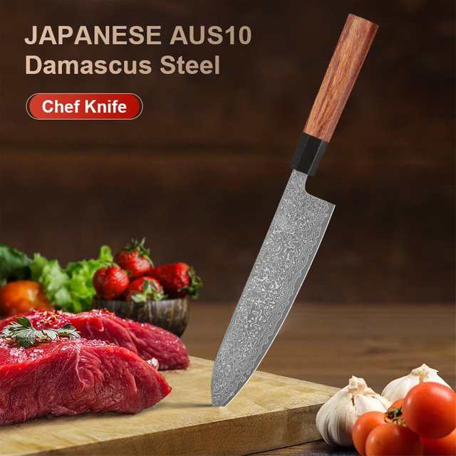 Baovim Japanisches Kochmesser aus Damaststahl mit Palisandergriff, Braun, Länge: 20,3 cm - Bild 1