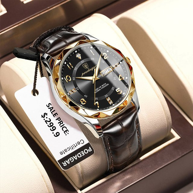 Poedagar Armbanduhr, Quarz, Leder, Datum, Wochentag, Herren, Schwarz, Gold - Bild 1