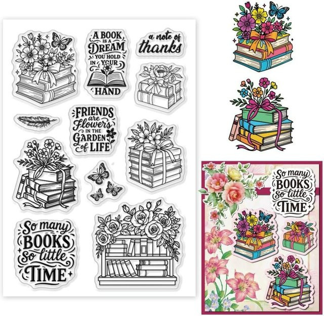 Transparenter Gummistempel mit Blumen, Vintage-Buch und inspirierenden Sätzen für wiederverwendbare Stempelabdrucke - Bild 1