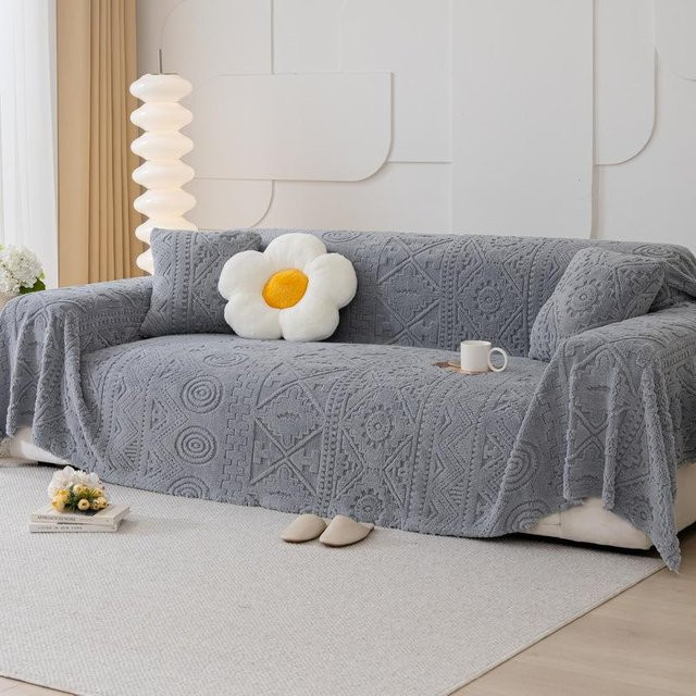 Super Six Jacquard-Sofabezug aus Chenille in Grau, verdickte Winter-Sofadecke im modernen Stil, B/T: 180 x 130 cm - Bild 1