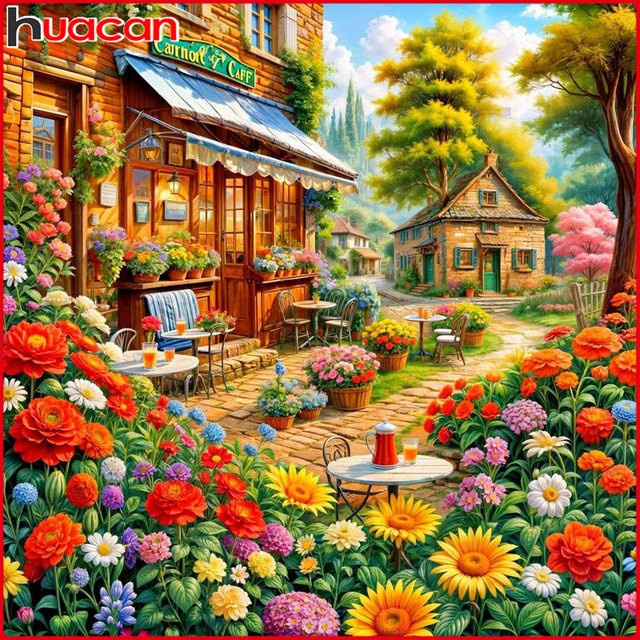 Huacan 5D-Diamantgemälde zum Selbermachen mit Blumen und Stadtlandschaft, Mehrfarbig, B/H: 20 x 20 cm - Bild 1