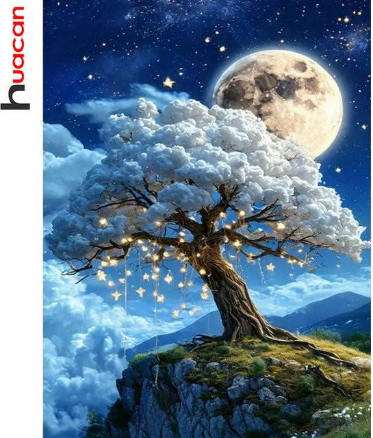 Huacan 5D-Diamant-Stickerei Set mit Baum und Mond Motiv in Multicolour zur Wanddekoration - Bild 1
