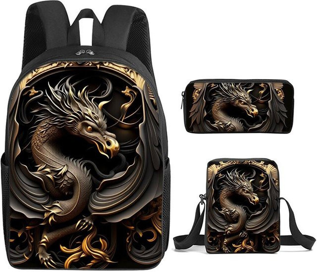 BAOERYE 3-teiliges Schultaschen-Set mit Drachen-Print in Schwarz bestehend aus Rucksack, Umhängetasche und Federmäppchen - Bild 1