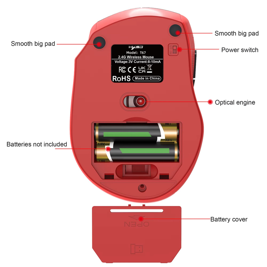 HXSJ Ergonomische kabellose 2,4 GHz Maus mit optischem Sensor und 6 Tasten in Rot und Schwarz für Laptop, Büro und Gaming - Bild 2